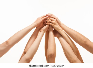 Successful Team: Many Hands Holding Together On White Background