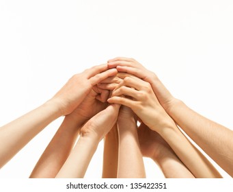 Successful Team: Many Hands Holding Together On White Background