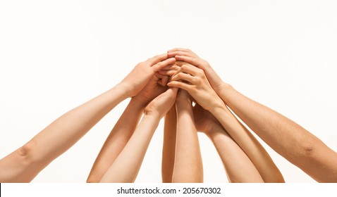 Successful Team: Many Hands Holding Together On White Background