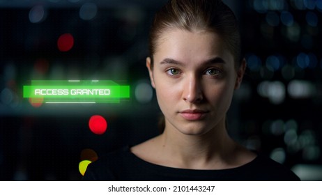 Successful verification grant user access metaverse facial identification system closeup. Innovative face authorisation application scanning woman protecting network connection. Innovate security 