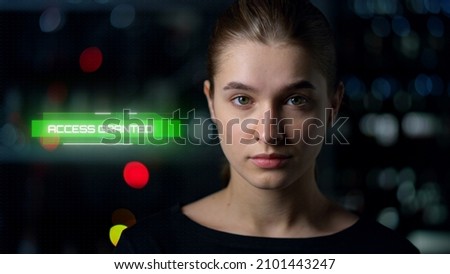 Successful verification grant user access metaverse facial identification system closeup. Innovative face authorisation application scanning woman protecting network connection. Innovate security 