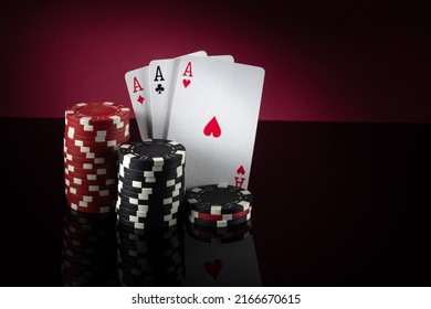 Successful win with three aces playing cards. Poker game with three of a kind or set combination. - Shutterstock ID 2166670615