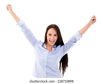 Successful Woman With Arms Up - Isolated Over A White Background