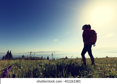 successful woman backpacker hiking on mountain peak   - Shutterstock ID 451261381
