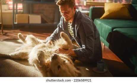 Successful Young Adult Man Playing With His Dog At Home, Active Golden Retriever. Man Sitting On A Floor Teasing, Petting And Scratching An Excited Dog, Having Fun In The Loft Living Room Space.