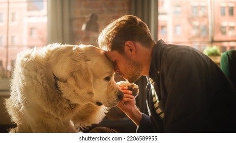 Successful Young Adult Man Playing With His Dog At Home, Active Golden Retriever. Man Sitting On A Floor Teasing, Petting And Scratching An Excited Dog, Having Fun In The Stylish Loft Living Room.