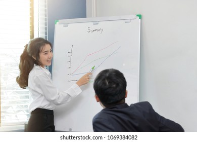 Successful young Asian business woman with white board presentation during meeting in conference room in office.