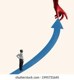 Successful Young Businessman Running Up The Arrow, Path To Success And Goal. Creative Art Collage. Man Isolated On Blue. Concept Of Finance, Economy, Professional Occupation, Business And Career.