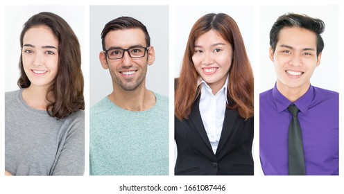 Successful Young People Studio Shot Collage. Happy Caucasian And Asian Men And Woman Posing For Camera. Multiscreen Montage, Split Screen Collage. Studio Portraits Concept