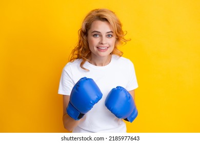 Successful Young Woman Happy For Her Success. Woman In Boxing Gloves.