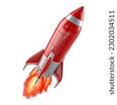 Successfully launch of a red rocket on a white background