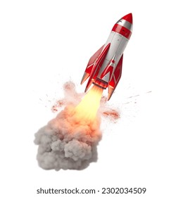 Successfully launch of a red rocket on a white background