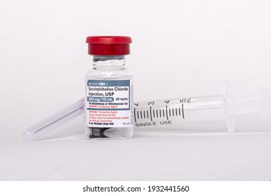 Succinylcholine 200mg In 10ml Vial, Fast Acting Paralytic Used In The RSI Or Crash Airway.  Bloomington, IL USA 03-07-2021 For Education Purposes Only