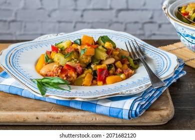 Succotash - Southern American Dish With Vegetables, Butter Beans,  Butternut Squash, Sweetcorn And Chorizo