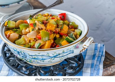 Succotash - Southern American Dish With Vegetables, Butter Beans,  Butternut Squash, Sweetcorn And Chorizo