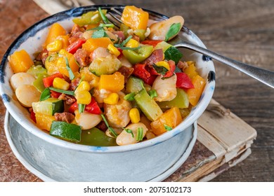 Succotash - Southern American Dish With Vegetables, Butter Beans,  Butternut Squash, Sweetcorn And Chorizo