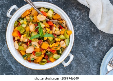 Succotash - Southern American Dish With Vegetables, Butter Beans,  Butternut Squash, Sweetcorn And Chorizo