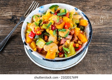 Succotash - Southern American Dish With Vegetables, Butter Beans,  Butternut Squash, Sweetcorn And Chorizo