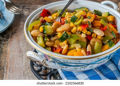 Succotash - Southern American Dish With Vegetables, Butter Beans,  Butternut Squash, Sweetcorn And Chorizo