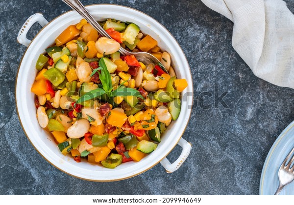 Succotash - Southern\
American dish with vegetables, butter beans,  butternut squash,\
sweetcorn and chorizo
