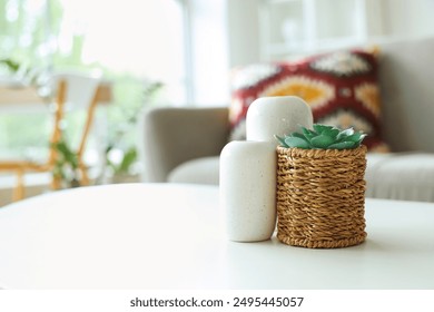 Succulent plant with vases on table in living room, closeup - Powered by Shutterstock