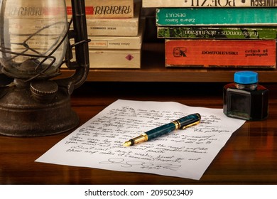 SUCEAVA, ROMANIA - Jul 01, 2018: A Handwritten Letter With A Pen On A Wooden Table