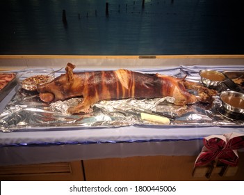 Suckling Pig cooked on barbeque on Christmas