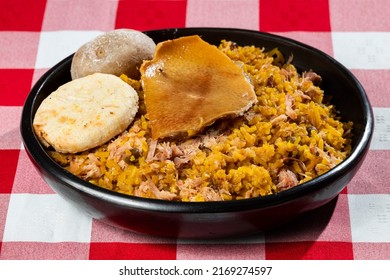 Suckling Pig With Rice, Potato, Arepa - Typical Colombian Gastronomy