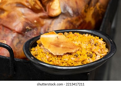 Suckling Pig With Rice, Potato, Arepa - Typical Colombian Gastronomy