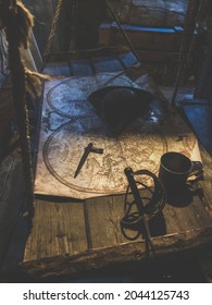 Sudak, Crimean Peninsula, Russia - September 5 2021: The Interior Of A Pirate Ship. Old Ship Interior.