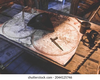 Sudak, Crimean Peninsula, Russia - September 5 2021: The Interior Of A Pirate Ship. Old Ship Interior.