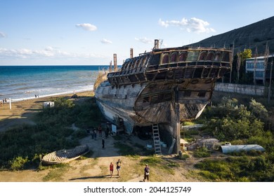 Sudak, Crimean Peninsula, Russia - September 5 2021: The Interior Of A Pirate Ship. Old Ship Interior.