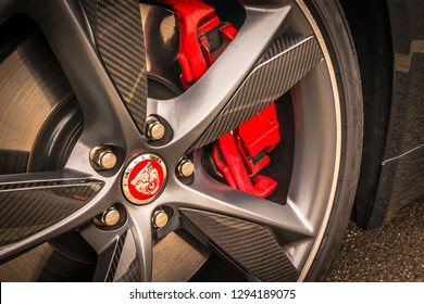 Sudbury, MA - 9/9/18: Carbon Fiber Spokes And High End Brakepads On A Performance Sports Car 