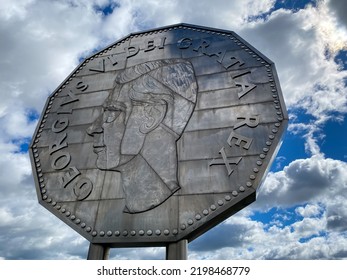 Sudbury, Ontario, Canada -2022: Big Nickel - Giant Replica Of A 1951 Canadian Nickel At Dynamic Earth Science Museum. Obverse With Portrait Of King George VI.