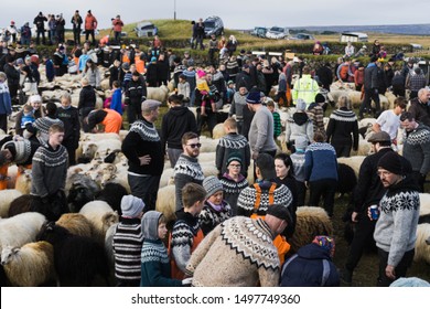 "Sudurland, Iceland"; September 15 2018: People gather on the icelandic countryside for Rettir festival.