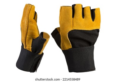 Suede gloves without fingers, for bodybuilding and powerlifting, on a white background, isolate - Shutterstock ID 2214558489