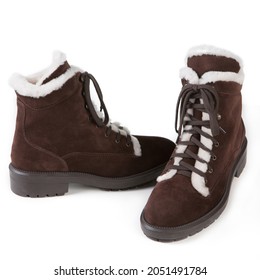 Suede High Boots With Fur Trim, On A White Background, Isolate