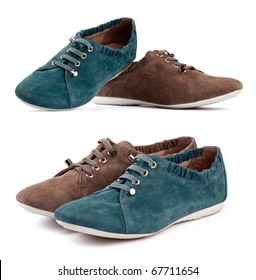 Suede Sports Shoes, Brown And Blue-green Shoes In Odd Pairs