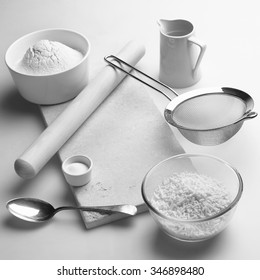 Suet Pastry Making Ingredients And Utensils On A Kitchen Worktop.