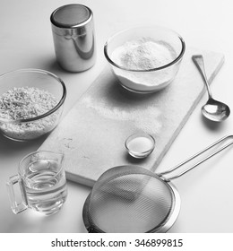 Suet Pastry Making Ingredients And Utensils On A Kitchen Worktop