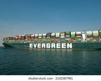 Suez Canal, Egypt - Circa May 2021: View Of The Evergiven Container Ship At Anchor In The Great Bitter Lake Half Through The Suez Canal After It Ran Aground