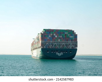 Suez Canal, Egypt - Circa May 2021: View Of The Evergiven Container Ship At Anchor In The Great Bitter Lake Half Through The Suez Canal After It Ran Aground