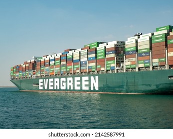 Suez Canal, Egypt - Circa May 2021: View Of The Evergiven Container Ship At Anchor In The Great Bitter Lake Half Through The Suez Canal After It Ran Aground