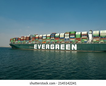 Suez Canal, Egypt - Circa May 2021: View Of The Evergiven Container Ship At Anchor In The Great Bitter Lake Half Through The Suez Canal After It Ran Aground