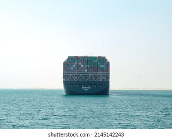 Suez Canal, Egypt - Circa May 2021: View Of The Evergiven Container Ship At Anchor In The Great Bitter Lake Half Through The Suez Canal After It Ran Aground