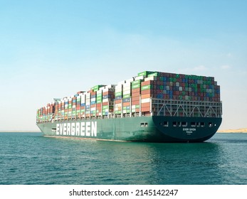 Suez Canal, Egypt - Circa May 2021: View Of The Evergiven Container Ship At Anchor In The Great Bitter Lake Half Through The Suez Canal After It Ran Aground