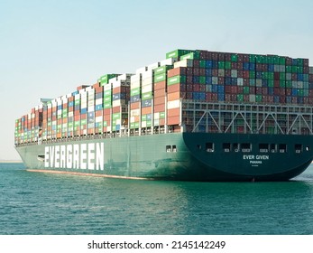 Suez Canal, Egypt - Circa May 2021: View Of The Evergiven Container Ship At Anchor In The Great Bitter Lake Half Through The Suez Canal After It Ran Aground