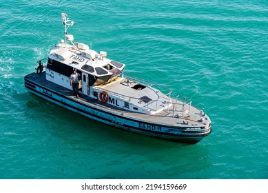 Suez, Suez Governorate, Egypt - August 11 2022: Pilot Boat Spotted Near The Southern End Of The Suez Canal, She Is Assisting To The Cargo Ship Transiting Canal.