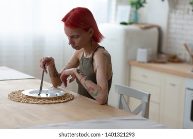 Suffering From Anorexia. Red-haired Woman With Eating Disorder Eating Nothing Suffering From Anorexia