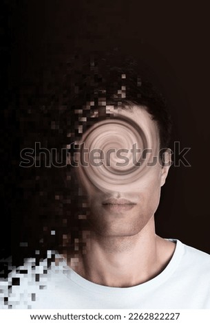 Suffering from hallucination. Distorted photo of man on dark background Stock foto © 